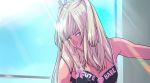  1girl amane_misa backlighting blonde_hair blue_eyes bra breasts cleavage day death_note hair_ribbon highres light_rays lipstick long_hair makeup medium_breasts pink_eyeshadow pink_ribbon ribbon solo strap_slip tan tekuho_no_habo two_side_up underwear window 