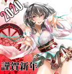  1girl 2020 black_hair breasts chinese_zodiac commentary_request detached_sleeves floral_print graphite_(medium) hair_ornament japanese_clothes kantai_collection large_breasts new_year nontraditional_miko obi red_eyes sash short_hair solo tororo_ten traditional_media wide_sleeves yamashiro_(kantai_collection) year_of_the_rat 