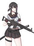  1girl absurdres assault_rifle black_gloves black_hair black_sailor_collar black_skirt cowboy_shot fubuki_(kantai_collection) gloves grey_eyes gun highres holding holding_gun holding_weapon howa_type_89 kantai_collection looking_at_viewer low_ponytail midriff navel pleated_skirt ponytail remodel_(kantai_collection) rifle rynn_(user_rkgs8583) sailor_collar school_uniform serafuku short_ponytail short_sleeves sidelocks simple_background skirt solo trigger_discipline weapon white_background 