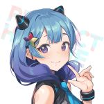  1girl blue_hair blue_neckwear blush character_request closed_mouth copyright_request eyebrows_visible_through_hair hair_ornament horns looking_at_viewer medium_hair nagu necktie purple_eyes sleeveless smile solo upper_teeth 