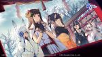  5girls azur_lane black_gloves black_hair blue_eyes blush breasts character_request closed_mouth company_name copyright_name eyebrows_visible_through_hair gloves grey_hair hair_over_one_eye highres horns large_breasts long_hair long_sleeves looking_at_another looking_away multicolored_hair multiple_girls nagu neckerchief official_art open_mouth parted_lips ponytail red_eyes short_sleeves sleeveless smile two-tone_hair upper_teeth white_hair white_neckwear 