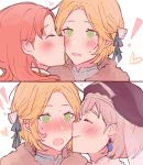  3girls annette_fantine_dominic blonde_hair blush cheek_kiss closed_eyes earrings fire_emblem fire_emblem:_three_houses from_side green_eyes hat ingrid_brandl_galatea jewelry kiss kvlen lipstick_mark long_hair mercedes_von_martritz multiple_girls open_mouth orange_hair yuri 