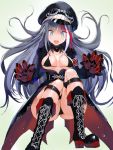  1girl ass azur_lane bikini black_bikini black_coat black_footwear black_hair blue_eyes boots breasts breasts_apart choker coat commentary_request covered_nipples cross-laced_footwear deutschland_(azur_lane) fangs floating_hair goggles goggles_on_headwear grey_hair happy hat iron_cross lace-up_boots long_hair looking_at_viewer medium_breasts midriff multicolored_hair open_mouth peaked_cap platform_boots platform_footwear prosthetic_hand red_hair sharp_teeth shoelaces smile solo swimsuit t90t80 teeth thighs trench_coat underboob very_long_hair white_background white_hair 