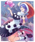  1girl :3 :d absurdres bangs blob blue_eyes blue_hair book border castle commentary_request creeper_(gametime) crescent_moon doremy_sweet dress eyebrows_visible_through_hair ferris_wheel hair_between_eyes hands_up hat highres holding holding_book huge_filesize looking_at_viewer moon nightcap no_shoes open_mouth outside_border pom_pom_(clothes) red_headwear revision short_hair smile socks solo tail tapir_tail touhou white_border white_dress white_legwear 