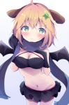  1girl black_gloves blonde_hair blue_scarf blush breast_suppress breasts chisaki_tapris_sugarbell closed_mouth commentary_request cosplay demon_wings eyebrows_visible_through_hair furrowed_eyebrows gabriel_dropout gloves green_eyes groin hair_between_eyes horns kyuukon_(qkonsan) looking_at_viewer medium_breasts microskirt navel scarf skirt solo tsukinose_vignette_april tsukinose_vignette_april_(cosplay) wavy_mouth white_background wings 