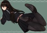  1girl bangs black_hair black_legwear black_serafuku black_shirt black_skirt brown_eyes commentary_request eyelashes feet from_behind from_side greek_toe green_background hair_over_eyes knees_together_feet_apart kokuryuugan kuro_senpai_to_kuro_yashiki_no_yami_ni_mayowanai long_hair long_sleeves looking_back lying no_shoes on_stomach pantyhose pleated_skirt school_uniform senpai_(kuro_senpai) serafuku shiny shiny_clothes shiny_hair shirt sidelocks simple_background skirt soles solo toes 