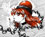  1girl bangs black_choker chain choker commentary_request earrings eyebrows_visible_through_hair from_side hand_up heart hecatia_lapislazuli highres jewelry long_hair looking_at_viewer nail_polish polos_crown profile red_eyes red_hair red_nails smile solo sonosaki_kazebayashi stud_earrings touhou white_background 