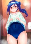  1girl ass_visible_through_thighs blue_hair blue_swimsuit blush bokutachi_wa_benkyou_ga_dekinai cameltoe furuhashi_fumino hair_bun hairband highres indoors kbisuco lifted_by_self long_hair navel one-piece_swimsuit red_eyes school_swimsuit shirt side_bun smile solo standing swimsuit towel white_hairband white_shirt 