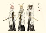  3girls adapted_costume artist_name bangs beige_background black_hair blonde_hair chinese_clothes closed_mouth concept_art copyright_name ears_through_headwear fate/grand_order fate_(series) flipped_hair full_body hair_between_eyes hand_on_headwear hanfu hat head_wings hildr_(fate/grand_order) holding holding_sword holding_weapon left-handed lineup logo long_hair long_sleeves looking_at_viewer medium_hair multiple_girls ortlinde_(fate/grand_order) pink_hair red_eyes ribbon robe sash see-through short_hair short_over_long_sleeves short_sleeves sidelocks simple_background standing sword thrud_(fate/grand_order) valkyrie_(fate/grand_order) veil weapon wide_sleeves yellow_ribbon zerocastle 
