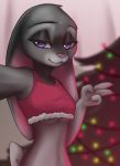  2019 anthro breasts christmas christmas_tree clothed clothing disney ears_down female fur grey_body grey_fur half-closed_eyes head_tuft holidays judy_hopps lagomorph leporid looking_at_viewer mammal narrowed_eyes pink_nose pivoted_ears rabbit rin_tyan solo tree tuft under_boob zootopia 