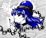  1girl bangs black_choker blue_eyes blue_hair blue_nails chain choker commentary_request earrings eyebrows_visible_through_hair from_side hand_up heart hecatia_lapislazuli hecatia_lapislazuli_(earth) highres jewelry long_hair looking_at_viewer nail_polish polos_crown profile smile solo sonosaki_kazebayashi stud_earrings touhou white_background 