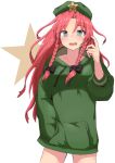  1girl alternate_costume arm_up bangs blue_eyes blush braid bright_pupils contrapposto cowboy_shot drawstring finger_to_head flat_cap green_headwear green_hoodie hair_ribbon hand_in_pocket hat highres hong_meiling hood hood_down hoodie long_hair looking_at_viewer mizune_(winter) open_mouth parted_bangs red_hair ribbon simple_background solo standing star touhou tress_ribbon twin_braids very_long_hair white_background white_pupils 
