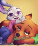  2017 absurd_res anthro black_nose bottomwear buckteeth canid canine clothed clothing dipstick_ears disney fox fully_clothed fur gloves_(marking) green_eyes half-closed_eyes hi_res judy_hopps lagomorph leporid mammal markings multicolored_ears narrowed_eyes nick_wilde open_mouth open_smile pants purple_eyes rabbit red_fox shirt simple_background smile t-shirt teeth topwear whisperingdreamsart yellow_background zootopia 