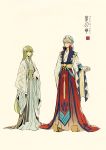  1boy 1other adapted_costume arm_behind_back artist_name bangs beige_background blonde_hair chinese_clothes closed_mouth concept_art copyright_name earrings enkidu_(fate/strange_fake) fate/grand_order fate_(series) full_body gilgamesh green_eyes green_hair hair_between_eyes hanfu highres horns jewelry logo long_hair long_sleeves looking_at_viewer outstretched_hand red_eyes robe sash shoes sidelocks simple_background smirk standing tassel very_long_hair vest wide_sleeves zerocastle 