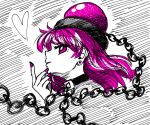  1girl alternate_eye_color alternate_hair_color bangs black_choker chain choker commentary_request earrings eyebrows_visible_through_hair from_side hand_up heart hecatia_lapislazuli highres jewelry long_hair looking_at_viewer nail_polish polos_crown profile purple_eyes purple_hair purple_nails smile solo sonosaki_kazebayashi stud_earrings touhou white_background 