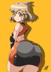  1girl ass blush bodysuit breasts brown_hair commentary_request cowboy_shot elbow_gloves eyebrows_visible_through_hair from_behind gloves hair_ornament hairclip highres looking_at_viewer looking_back medium_breasts namida_boshi orange_background orange_eyes senki_zesshou_symphogear shiny shiny_clothes shiny_hair shiny_skin short_hair simple_background smile solo standing tachibana_hibiki_(symphogear) thighs 