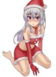  1girl blush chaika_trabant christmas elbow_gloves gloves hare_(haaale) hat highres hitsugi_no_chaika long_hair looking_at_viewer navel open_mouth purple_eyes silver_hair simple_background skirt solo white_background white_hair 
