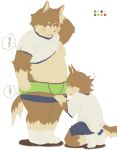  2014 anthro belly blush bottomwear canid canine canis clothing domestic_dog duo humanoid_hands male mammal moobs nama nipples overweight overweight_male shirt shorts simple_background topwear underwear undressing white_background young 