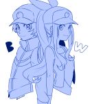  1boy 1girl baseball_cap breasts closed_mouth commentary_request hat high_ponytail highres jacket long_hair looking_at_viewer motu0505 pokemon pokemon_(game) pokemon_bw simple_background smile touko_(pokemon) touya_(pokemon) vest white_background 