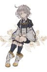  1boy black_shorts blue_eyes braid cloak granblue_fantasy highres male_focus minnncho noa_(granblue_fantasy) shirt shorts simple_background smile solo white_footwear white_hair white_shirt 