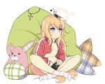  1girl :/ blonde_hair blush breasts closed_mouth commentary_request corruption cross cross_necklace cushion eyebrows_visible_through_hair full_body gabriel_dropout halo handheld_game_console headphones headphones_around_neck holding indian_style jacket jewelry long_hair masturbation necklace no_pants open_clothes open_jacket sitting small_breasts socks solo star star_print striped_footwear stuffed_animal stuffed_bunny stuffed_toy tenma_gabriel_white tomoko908_(nap4342) track_jacket very_long_hair white_background 