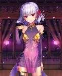 1girl bangs bare_shoulders blush breasts covered_navel detached_sleeves dress earrings fate/grand_order fate_(series) floral_print hair_ribbon jewelry kama_(fate/grand_order) kurage_(kurageru) looking_at_viewer pelvic_curtain petals purple_dress purple_legwear purple_skirt purple_sleeves red_eyes red_ribbon ribbon ring sash short_hair silver_hair skirt small_breasts smile solo thighhighs thighlet thighs tongue tongue_out 