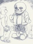  1girl 2others bob_cut child cosplay crocs frisk_(undertale) furry greyscale holding_hands mascot_costume mittens monochrome multiple_others sans sans_(cosplay) shirt shorts slippers super_smash_bros. t-shirt toriel undertale waving 