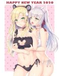  2girls :&lt; :d animal_band_panties animal_ear_fluff animal_ears ass_visible_through_thighs bangs bare_arms bare_shoulders bell bell_collar black_bra black_hairband black_panties black_ribbon blonde_hair blunt_bangs blush border bra braid breast_grab breasts cat_cutout cat_ears cat_lingerie choker cleavage cleavage_cutout closed_mouth collar collarbone cowboy_shot crown_braid eyebrows_visible_through_hair eyelashes fake_animal_ears frilled_bra frills grabbing grabbing_from_behind green_eyes hairband hand_on_own_chest happy_new_year highres jingle_bell large_breasts long_hair looking_at_viewer meme_attire mouse_cutout mouse_ears multiple_girls nagare_yoshimi navel new_year open_mouth original outside_border panties pink_background polka_dot polka_dot_background ribbon side-tie_panties silver_hair smile stomach underwear underwear_only white_border white_bra white_choker white_panties white_ribbon yuri 