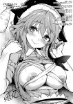  1girl blush bottle breasts hair_between_eyes hat highres large_breasts looking_at_viewer lying michiking monochrome nipples okunoda_miyoi on_back open_clothes open_shirt sake_bottle shirt short_hair sleeves_rolled_up smile solo source_request sweat touhou whale_hat 