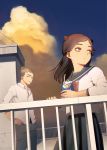  1boy 1girl act-age black_skirt blue_sky brown_eyes brown_hair cloud drinking_straw hands_on_hips mouth_hold outdoors railing rooftop school_uniform serafuku shirt skirt sky smoking standing wata5119 white_shirt 