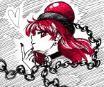  1girl bangs black_choker chain choker commentary_request earrings eyebrows_visible_through_hair from_side hand_up heart hecatia_lapislazuli highres jewelry long_hair looking_at_viewer nail_polish polos_crown profile red_eyes red_hair red_nails smile solo sonosaki_kazebayashi stud_earrings touhou white_background 