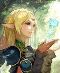  1girl absurdres armor blonde_hair breastplate cape circlet closed_mouth deedlit elf flower forest green_eyes highres light_rays lily_(flower) long_hair nature novelia outdoors pointy_ears record_of_lodoss_war smile solo spirit white_flower 