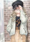  1girl adjusting_clothes adjusting_hat blonde_hair cabbie_hat collarbone glasses hand_in_pocket hat highres looking_at_viewer original outdoors ran&#039;ou_(tamago_no_kimi) smile solo yellow_eyes 
