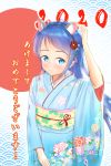 1girl 2020 animal_ear_fluff animal_ears aomi_one arm_up bangs blue_eyes blue_hair blue_kimono blush commentary_request eyebrows_visible_through_hair floral_print furisode hair_ornament hairband highres japanese_clothes kantai_collection kimono long_hair looking_at_viewer mouse_ears nengajou new_year obi samidare_(kantai_collection) sash smile solo swept_bangs translation_request very_long_hair 