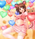  1girl :d animal_ears arm_support balloon bangs blush bow breasts brown_eyes brown_hair cheese crop_top ear_ribbon eyebrows_visible_through_hair fake_animal_ears fake_tail food garter_straps hat heart_balloon holding holding_syringe idolmaster idolmaster_cinderella_girls leaning_back leg_up lipstick long_hair looking_at_viewer makeup medium_breasts midriff mouse_ears mouse_tail navel nurse nurse_cap one_side_up open_mouth pink_bow pink_crop_top pink_skirt pocket puffy_short_sleeves puffy_sleeves shimamura_uzuki short_sleeves skirt smile swiss_cheese syringe tail teeth thighhighs underskirt yellow_bow yoyomura 