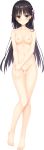  1girl absurdres barefoot black_hair breasts cafe_stella_to_shinigami_no_chou collarbone earrings eyebrows_visible_through_hair facing_viewer flower full_body hair_flower hair_ornament hairclip highres jewelry kobuichi long_hair looking_at_viewer medium_breasts navel nipples no_pussy nude official_art parted_lips shiki_natsume solo stud_earrings thigh_gap transparent_background wrist_grab yellow_eyes 