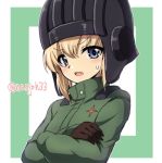 1girl bangs black_gloves black_headwear blonde_hair blue_eyes blush border commentary crossed_arms eyebrows_visible_through_hair fang frown girls_und_panzer gloves green_border green_jumpsuit helmet insignia jumpsuit katyusha_(girls_und_panzer) long_sleeves looking_at_viewer nanjou_satoshi open_mouth outline pravda_military_uniform short_hair solo sweatdrop tank_helmet twitter_username upper_body white_outline 