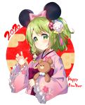  1girl 2020 animal_ears bangs black_hairband blush braid chinese_zodiac claw_pose closed_mouth commentary cropped_torso egasumi eyebrows_visible_through_hair fake_animal_ears floral_print flower frilled_sleeves frills green_eyes green_hair hair_flower hair_ornament hairband happy_new_year japanese_clothes kimono long_sleeves meito_(maze) morinaka_kazaki mouse_ears new_year nijisanji obi object_hug one_side_up pink_kimono print_kimono sash sleeves_past_wrists smile solo stuffed_animal stuffed_toy teddy_bear upper_body virtual_youtuber white_background white_flower wide_sleeves year_of_the_rat 