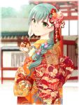  1girl alternate_costume alternate_hairstyle aqua_hair arrow bangs braid day eyebrows_visible_through_hair flower from_behind green_eyes hair_flower hair_ornament hamaya head_tilt holding japanese_clothes kantai_collection kimono long_hair mouse new_year outdoors single_braid smile solo suzuya_(kantai_collection) teramoto_kaoru 