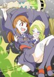  2girls blonde_hair blue_eyes blush broom broom_riding brown_hair diana_cavendish flying happy kagari_atsuko little_witch_academia long_hair looking_at_another luna_nova_school_uniform mokuseirokku multicolored_hair multiple_girls red_eyes school_uniform shiny_rod simple_background skirt smile staff star thighs two-tone_hair uniform wavy_hair yuri 