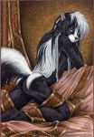  anthro barefoot bedroom_eyes braided_hair breasts butt dark_natasha female fur hair james_m_hardiman long_hair looking_at_viewer looking_back mammal mephitid narrowed_eyes nude seductive skunk solo traditional_media_(artwork) 