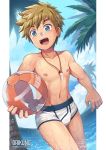  1boy absurdres ball beachball beater blue_eyes borrowed_character briefs brown_hair bulge dated edging_briefs eyebrows highres jewelry male_focus male_swimwear necklace open_mouth original outdoors palm_tree smile solo swim_briefs swimwear tree underwear wet wet_clothes 