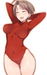  1girl antenna_hair arms_behind_head arms_up bangs breasts brown_hair closed_eyes commentary covered_navel cowboy_shot crotch_seam em facing_viewer konno_mitsune leotard light_blush long_sleeves love_hina medium_breasts open_mouth parted_bangs red_leotard ribbed_leotard short_hair simple_background smile solo standing thigh_gap turtleneck_leotard white_background 