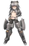  1girl alice_gear_aegis closed_mouth eyebrows_visible_through_hair flat_chest full_body grey_hair hand_on_hip highres karukan_(monjya) long_hair looking_at_viewer navel shinonome_chie simple_background smile solo standing v-shaped_eyebrows white_background 