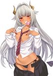  1girl black_panties black_skirt collared_shirt condom_wrapper covering_nipples cowboy_shot dark_skin demon_tail dragon_horns dress_shirt fingernails flat_chest grey_hair grin hair_intakes highres horns long_hair long_sleeves looking_at_viewer miniskirt mouth_hold navel necktie no_bra open_clothes open_shirt open_skirt original panties pleated_skirt red_eyes sharp_fingernails shirt side-tie_panties simple_background skirt slit_pupils smile solo stomach striped striped_neckwear tail takunomi underwear ursula_(takunomi) very_long_hair white_background white_shirt 