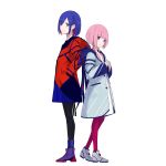  2girls back-to-back black_legwear blue_eyes blue_hair blush boots braid closed_mouth earrings full_body hands_in_pockets hands_together high_heel_boots high_heels highres hood hood_down hooded_jacket jacket jewelry kaf kamitsubaki_studio long_sleeves looking_at_viewer low_twin_braids medium_hair multicolored multicolored_eyes multiple_girls official_art palow pink_hair pink_legwear purple_legwear red_eyes red_jacket rime short_hair simple_background smile solo standing tied_hair twin_braids virtual_kaf virtual_youtuber white_background white_footwear yellow_eyes 
