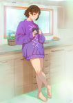  1girl bangs bare_legs barefoot braid brown_hair crossed_legs crown_braid cup flower food fruit full_body hands_up highres holding holding_cup indoors justin_leyva_(steamy_tomato) kitchen leaning_back light_smile lips long_sleeves looking_at_viewer niijima_makoto no_pants orange parted_lips persona persona_5 plate purple_sweater red_eyes short_hair sleeves_past_wrists solo standing standing_on_one_leg sweater toenails toes window 