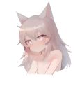  +_+ 1girl animal_ears bangs blush breasts brown_eyes closed_mouth commentary_request cropped_torso dokomon eyebrows_visible_through_hair girls_frontline grey_hair hair_between_eyes highres korean_commentary light_frown long_hair looking_away nude p7_(girls_frontline) simple_background small_breasts solo thick_eyebrows upper_body white_background 