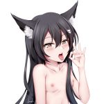  1girl animal_ear_fluff animal_ears arm_at_side armpits bangs black_hair blush breasts brown_eyes chrisandita collarbone eyebrows_visible_through_hair fox_ears fox_hair_ornament hair_between_eyes hair_ornament hairclip long_hair nipples nude open_mouth original signature simple_background small_breasts solo tongue tongue_out upper_body upper_teeth white_background 