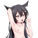  1girl animal_ear_fluff animal_ears arm_up armpits bangs black_hair blush breasts brown_eyes chrisandita collarbone eyebrows_visible_through_hair fox_ears fox_hair_ornament hair_between_eyes hair_ornament hairclip long_hair nipples nude open_mouth original signature simple_background small_breasts solo tongue tongue_out upper_body upper_teeth white_background 